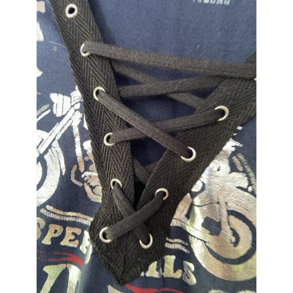 Affliction Womens American Customs Moto Foil Graphic Lace Up Top Size L Blue Y2K - Picture 10 of 15